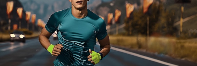 a man runs on a road with a blue shirt and green gloves