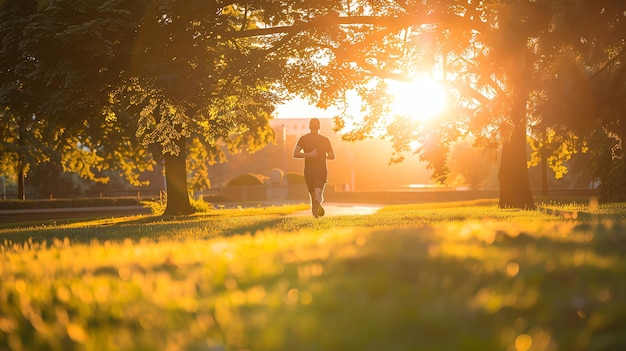 A man runs through a park at sunset