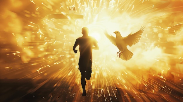 A man runs towards a bright light symbolizing hope faith and a new beginning A dove flies b