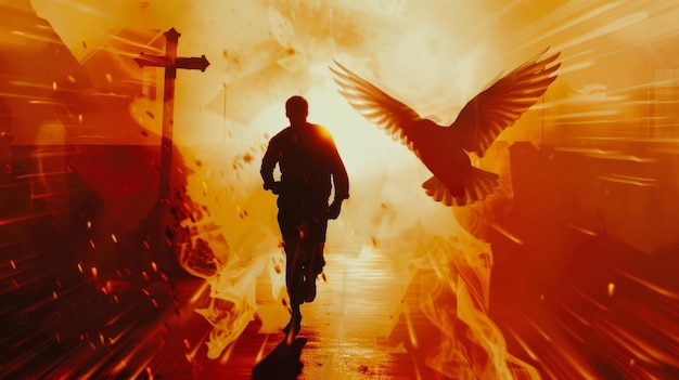 A man runs towards a cross with a dove flying overhead symbolizing faith hope freedom and t