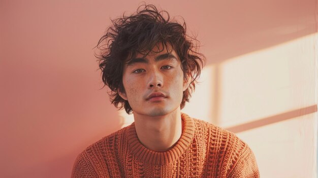 Man in a rust sweater against a pale pink wall