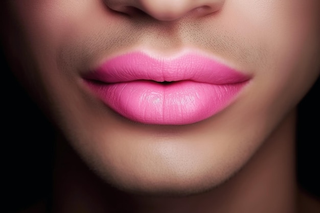 Man's face with makeup with pink lipstick lips Portrait of transgender gay man closeup Generative AI