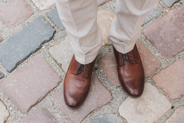 Man's feet in beautiful polished brown Oxford shoes