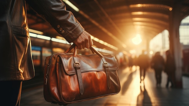 A man's hand grasping the handle of his suitcase with the bustling train station platform in the background