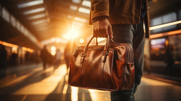 A man's hand grasping the handle of his suitcase with the bustling train station platform in the background