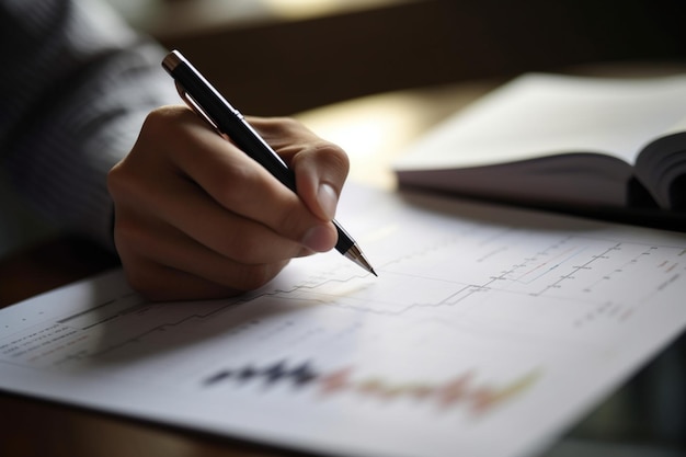 man's hand holding a pen and writing on a financial report with stock charts and numbers