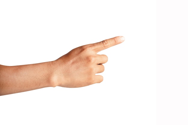 Man's hand touching or pointing to something isolated on white background Close up High resolution