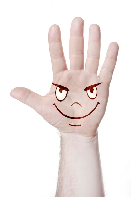 Photo man's hand with an open palm with a pattern of emotional faces