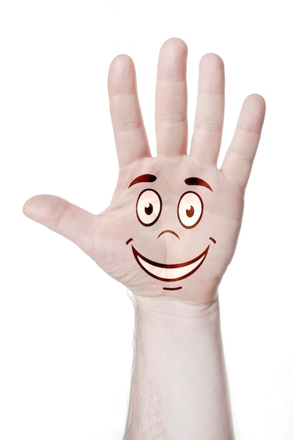 Photo man's hand with an open palm with a pattern of emotional faces