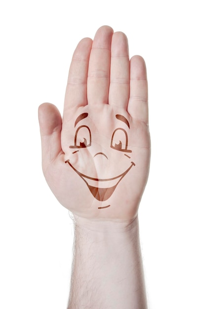 Photo man's hand with an open palm with a pattern of emotional faces