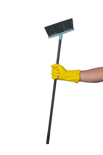 A man's hand in a yellow glove with a cleaning brush isolated on a white background