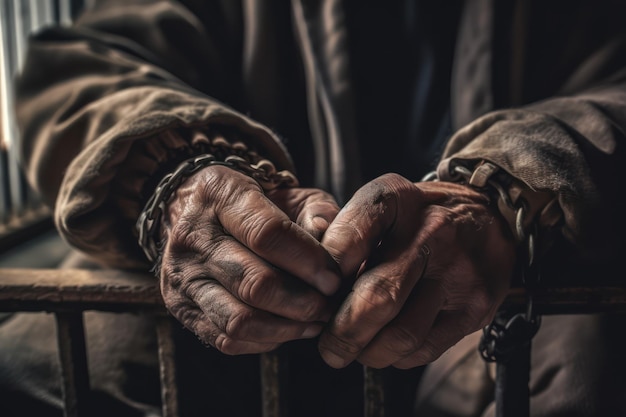 A man's hands are wrapped around a metal fence.