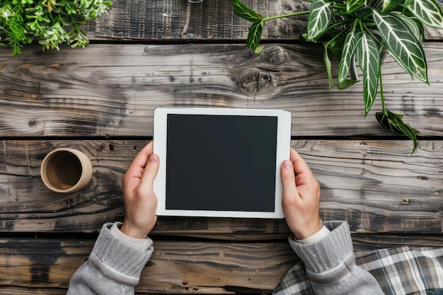 Photo man s hands holding tablet over wooden table