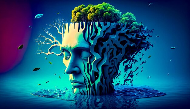 Man's head in the water with trees growing out of it Generative AI