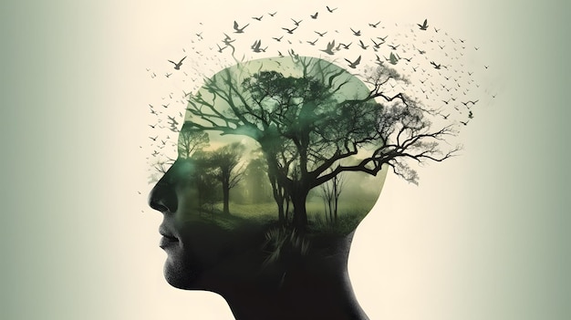 A man's head with a tree and the word forest on it