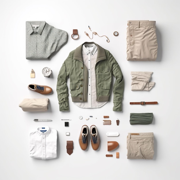 A man's jacket, shoes, and other items are arranged in a group.