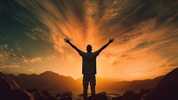 Man s silhouette with raised hands against sunset representing religion faith and devotion