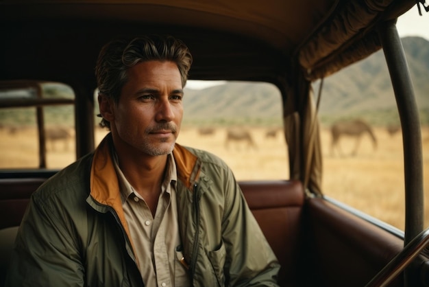 A man during a safari tour in a car Africa