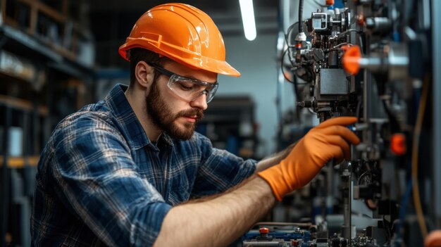 Photo man in safety gear working on a machine in a factory setting demonstrating concentration skill and industrial equipment operation