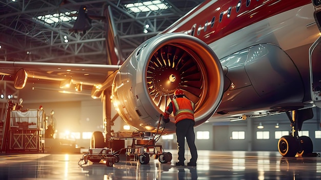 a man in a safety vest stands next to a jet engine