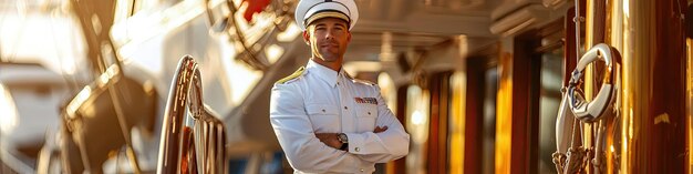 Photo man sailor captain on the background of the ship selective focus