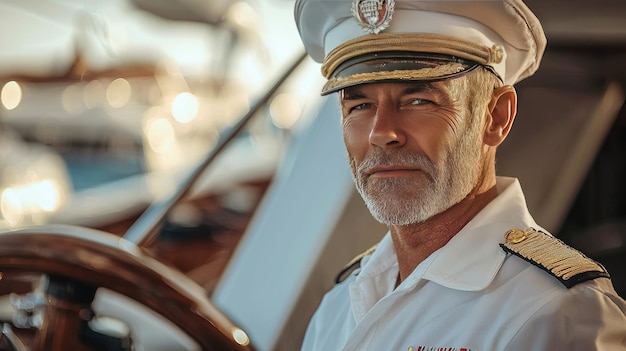 Photo man sailor captain on the background of the ship selective focus