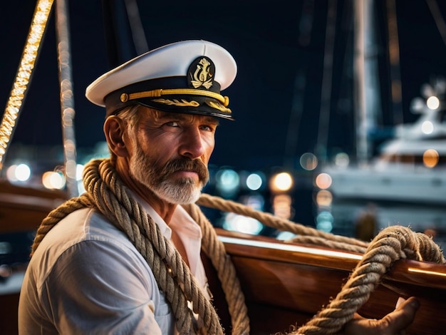 Photo a man in a sailor uniform is on a boat with a rope