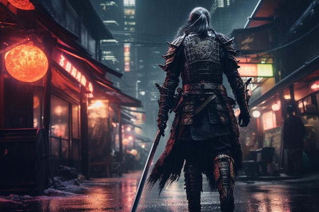 A man in samurai armor with a sword walks through the night streets of japan 3d illustration