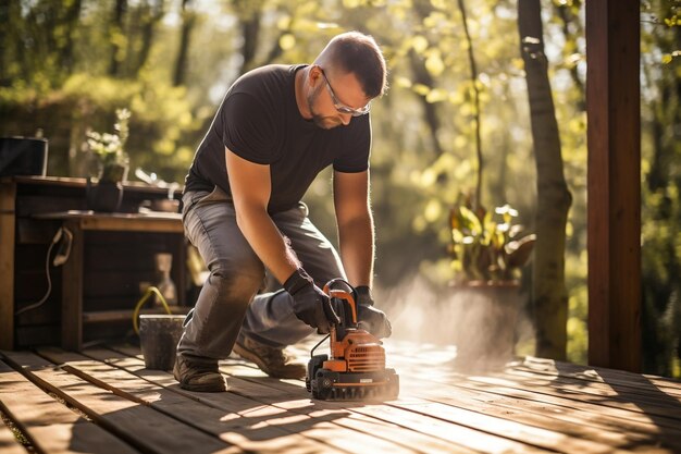 Man Sanding Outdoor Wooden Deck Generative Ai