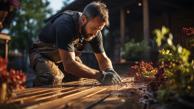 Man sanding outdoor wooden deck