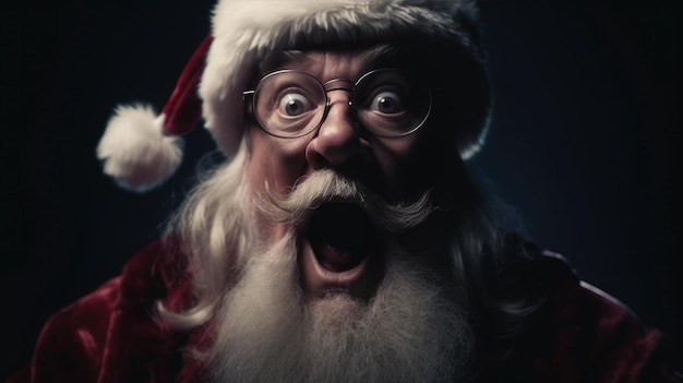 A man in santa claus costume is surprised with a big grin.