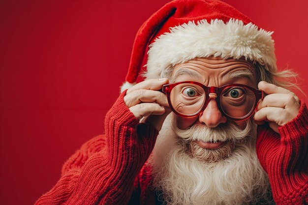 Photo a man in a santa claus hat and glasses looking at the camera