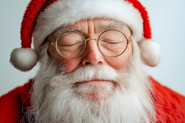 A man in a santa claus hat and glasses with his eyes closed