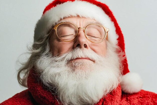 A man in a santa claus hat and glasses with his eyes closed