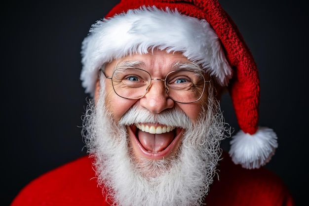 A man in a santa claus hat and glasses with his mouth open and tongue out