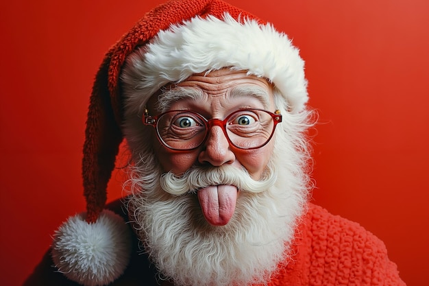 A man in a santa claus hat sticking out his tongue