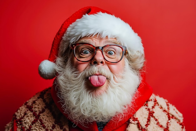 A man in a santa claus hat sticking out his tongue