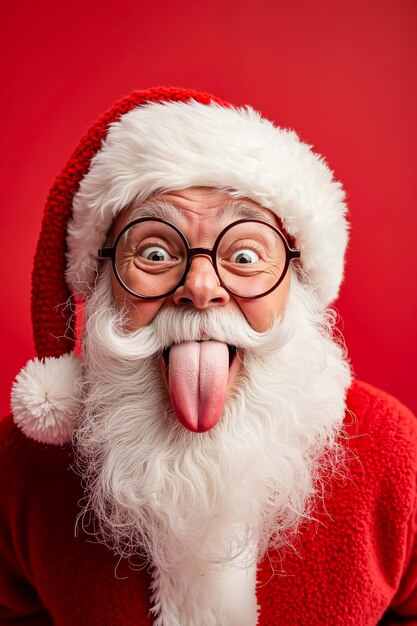 Photo a man in a santa claus hat sticking out his tongue