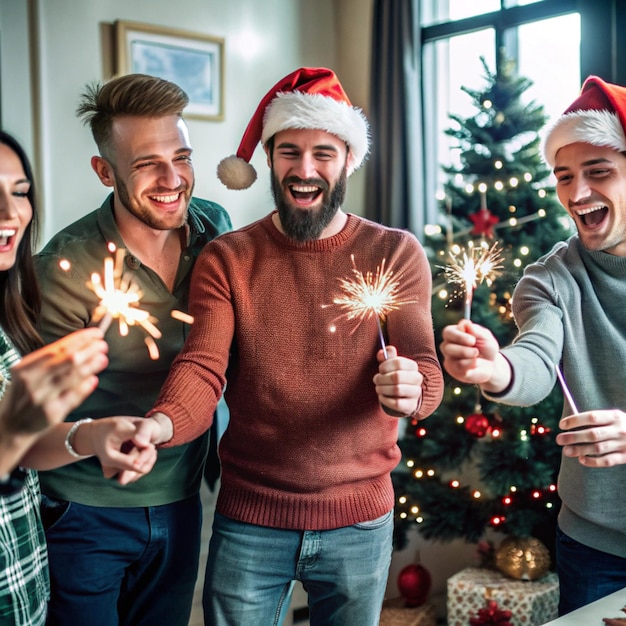 Photo a man in a santa hat is holding sparklers