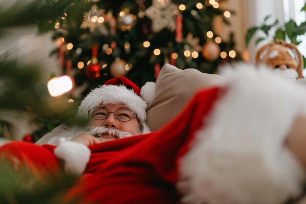 Photo a man in a santa hat is laying in a bed under a christmas tree