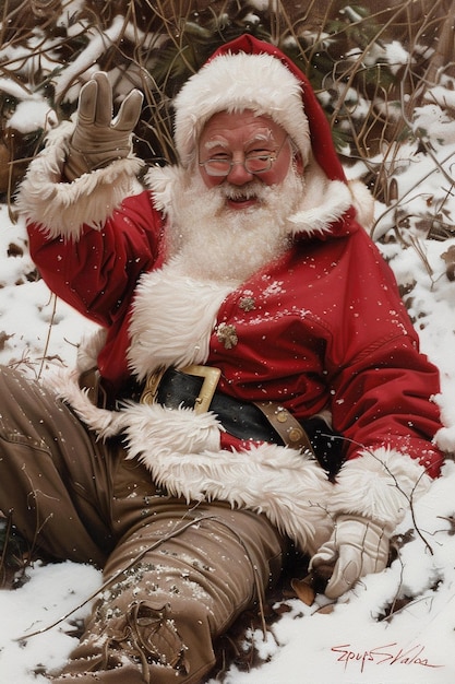 a man in a santa suit is sitting in the snow