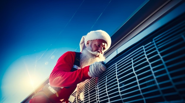 Man in santa suit leaning on wall with his hand on his head Generative AI