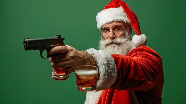 Photo a man in a santa suit points a gun to a glass of beer