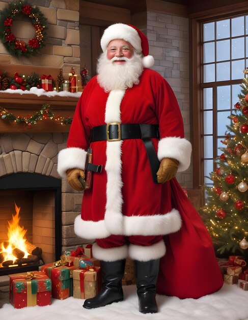 Photo a man in a santa suit stands in front of a fireplace