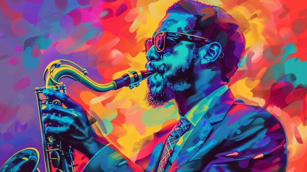 Photo man saxophone colorful background painting