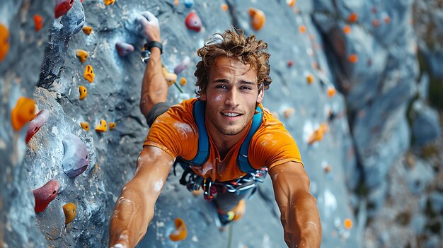 Man scaling a climbing wall conquering both physical and mental obstacles with every ascent