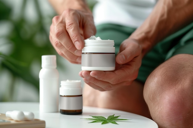 Man scooping CBD cream to applying to his knee with CBD items and cannabis leaf on the table