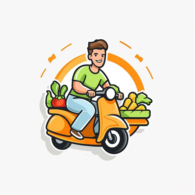 Photo a man on a scooter with a basket of fruit and a bag of groceries