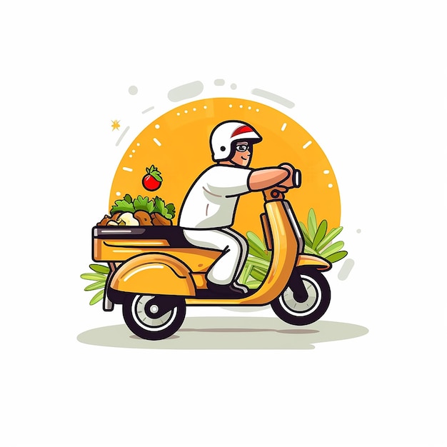 a man on a scooter with a basket of fruit on the front