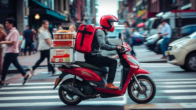 a man on a scooter with a box of donuts on the back